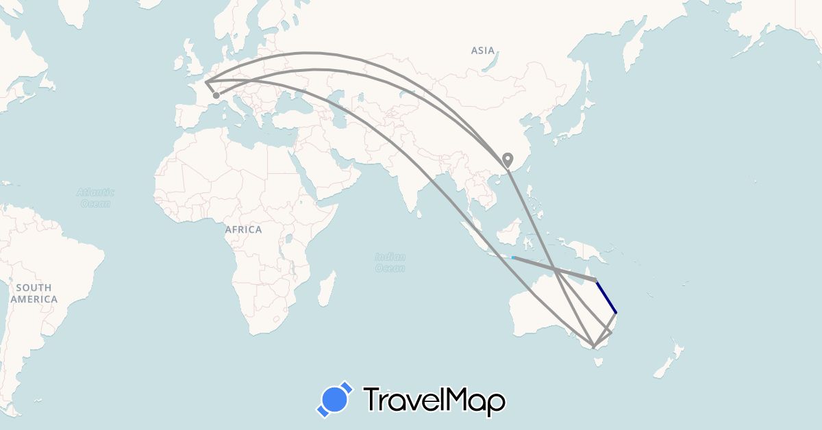 TravelMap itinerary: driving, plane, boat in Australia, China, France, Indonesia (Asia, Europe, Oceania)